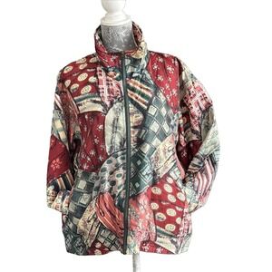 Vintage EVR 100% Silk Faux Patchwork Jacket M Boho Zip Front 90s‎ Russo Apparel